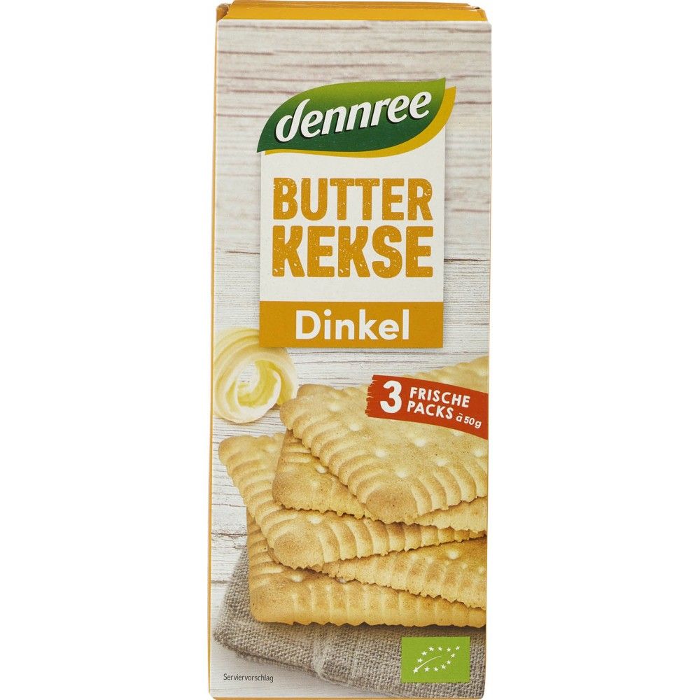 Biscuiți din spelta bio Dennree, pachet 3x50g, textură aurie, cutie galbenă.