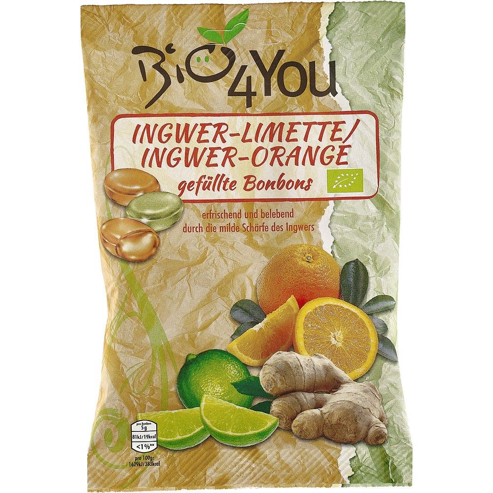Bomboane bio ghimbir lime portocala Bio4You 75g, ingrediente ecologice, fără zahăr.