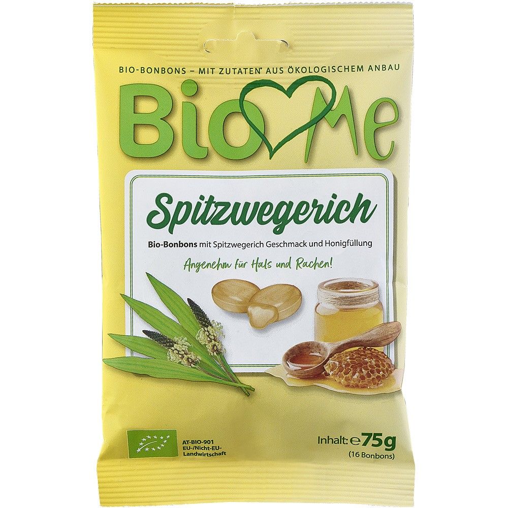 Bomboane bio cu miere și pătlagină, ambalaj galben 75g, ingrediente naturale pentru gât sensibil.
