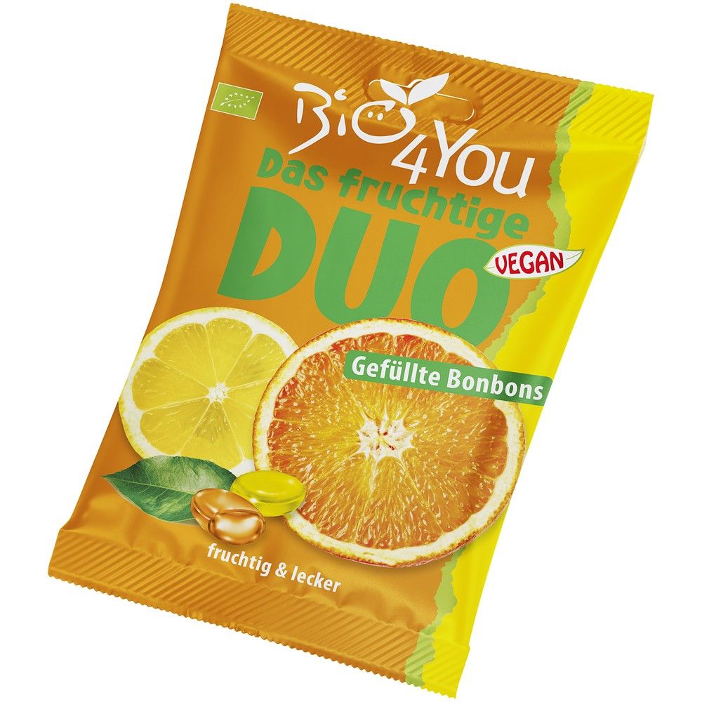 Bomboane duo Bio4You cu portocală și lămâie, fără coloranți, pachet 75g galben-verzui.