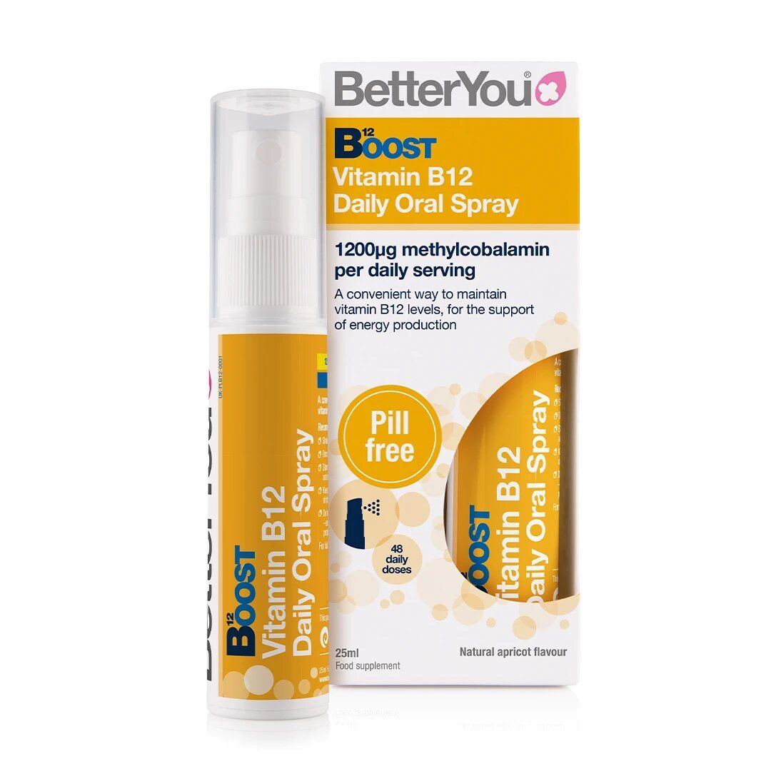 Spray oral Boost B12 BetterYou 25ml, cutie și flacon alb-galben, 1200μg vitamina B12.