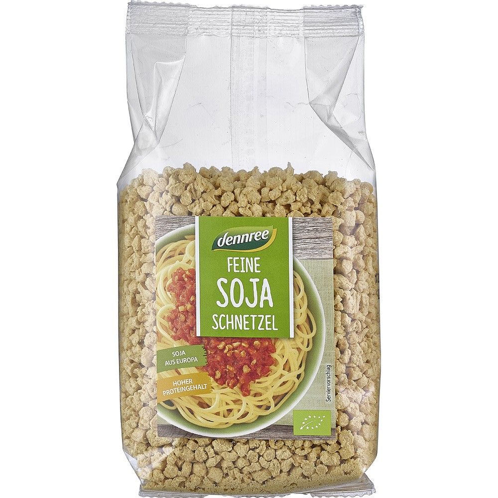 Bucăți fine de soia bio Dennree, 150g, textură ușoară, ambalaj transparent.
