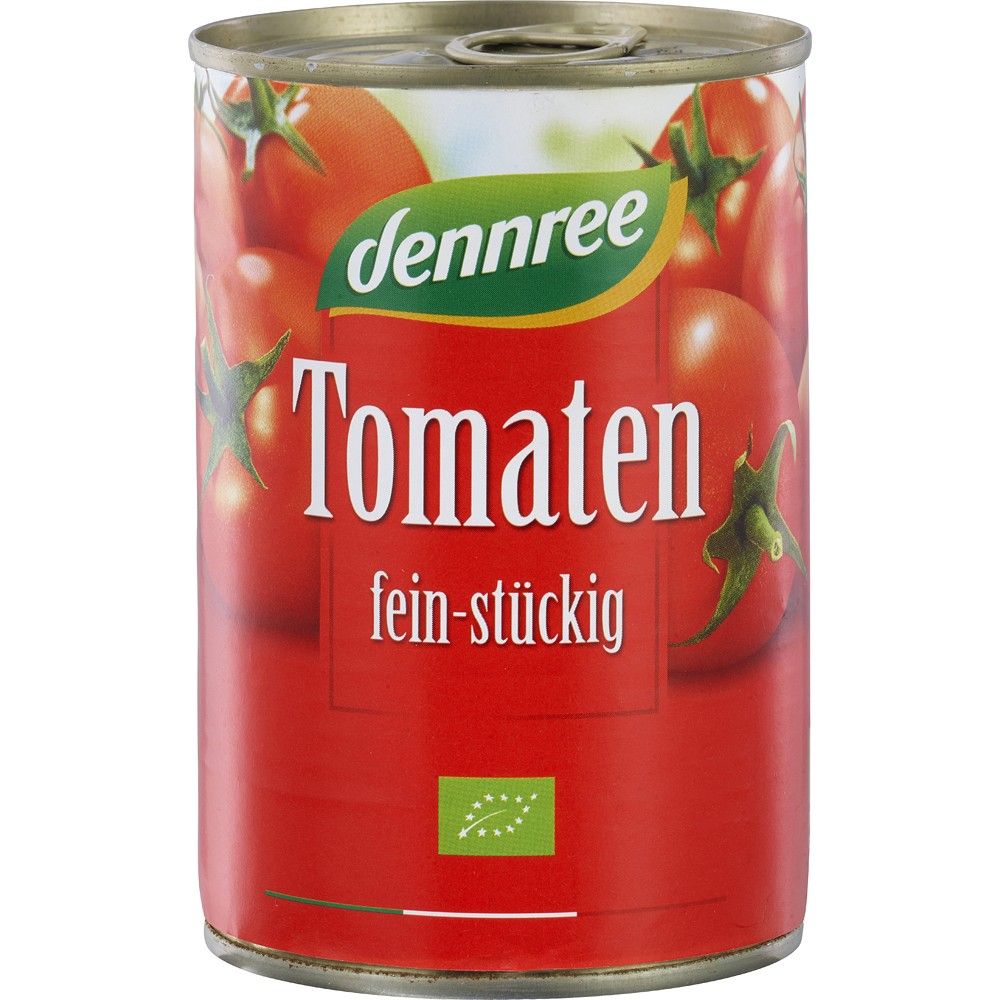 Conservă tomate bucăți bio în sos de roșii, Dennree, 400g, cu etichetă roșie și siglă verde.