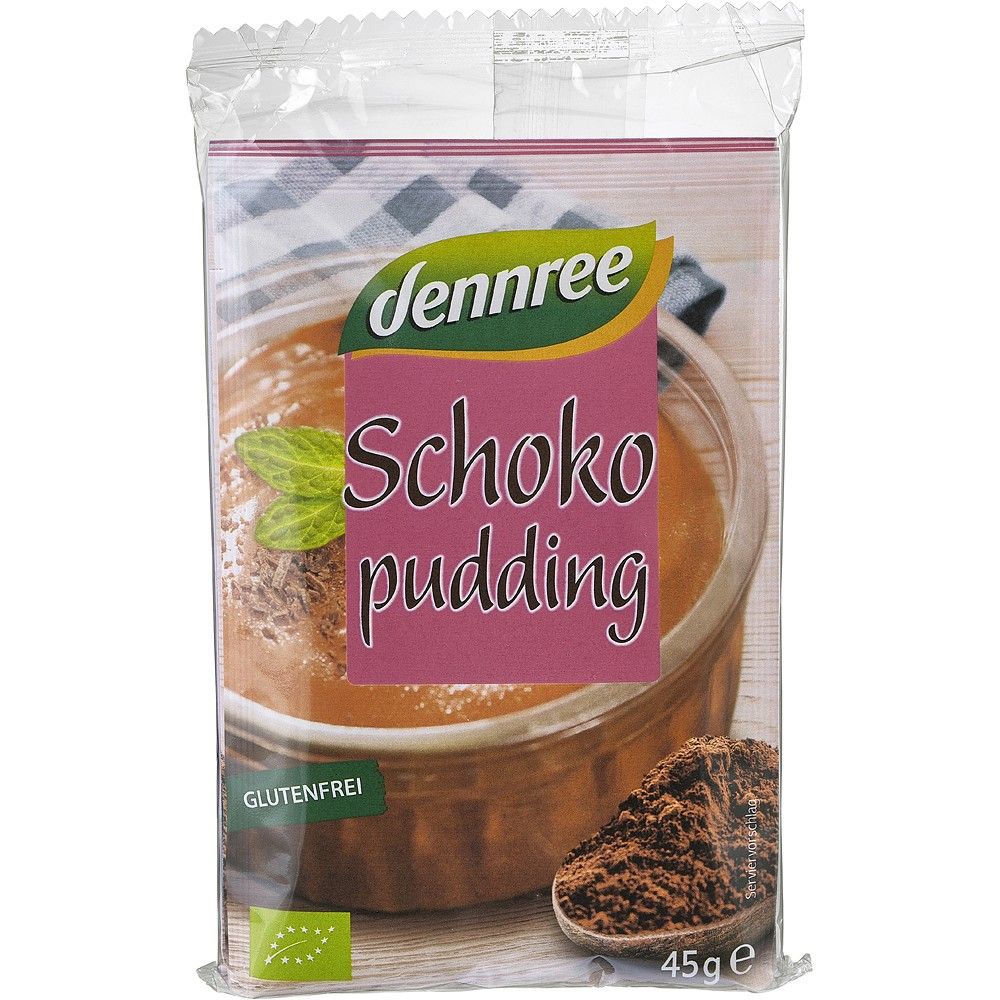 Budinca de cacao bio fără gluten Dennree 45g, ambalaj transparent, etichetă roz, imagine desert cremos.