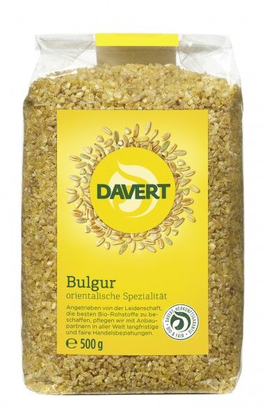 Pachet bulgur bio Davert 500g, culoare galbenă, detalii textură fină, etichetă galbenă cu logo.