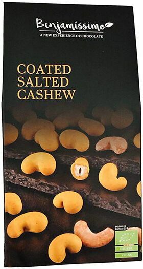 Caju sărat învelit ciocolată turmeric, bio, Benjamissimo, ambalaj negru.
