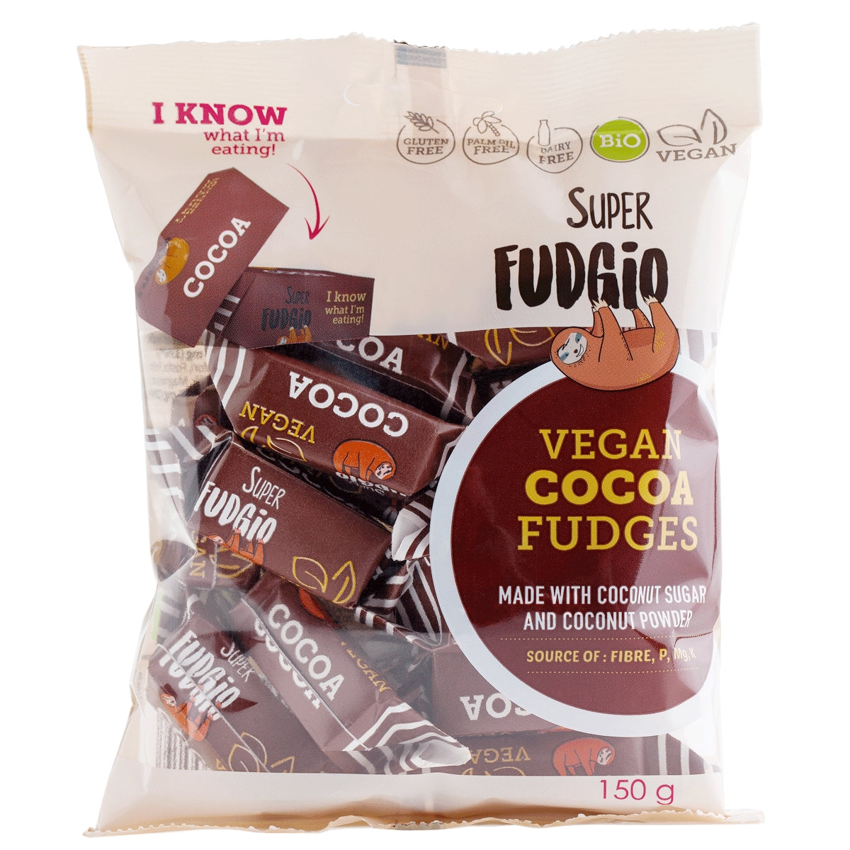 Caramele eco cacao Super Fudgio 150g, ambalaj maro, ingrediente vegane, fără gluten și lactoză.