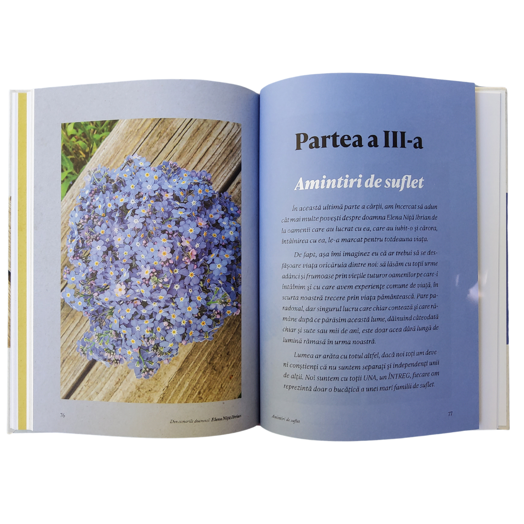 Pagina cărții „Din comorile doamnei Elena Nita” cu text albastru pe fundal deschis și imagine de flori mov.