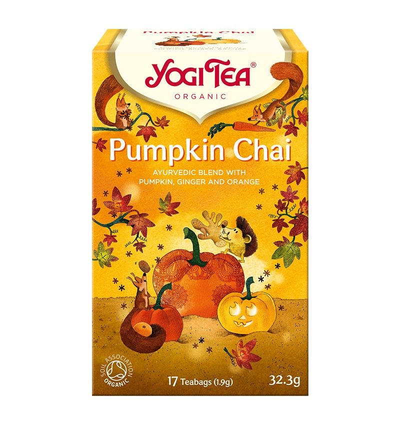 Ceai bio Yogi Tea Pumpkin Chai cu dovleac și portocală, cutie decorată toamna, 17 pliculețe 32,3g.