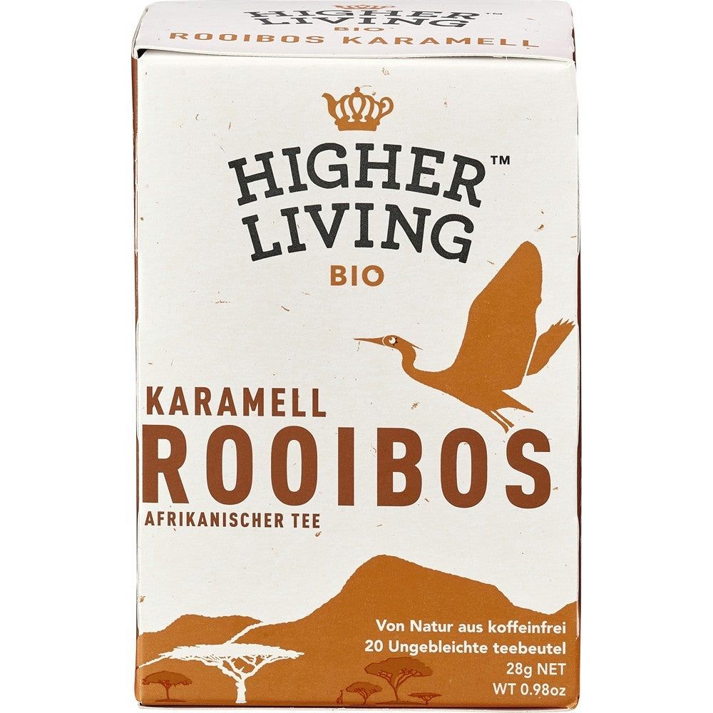 Cutie ceai bio Rooibos caramel, 20 plicuri, design maro și alb, păsări și peisaj savană ilustrate.