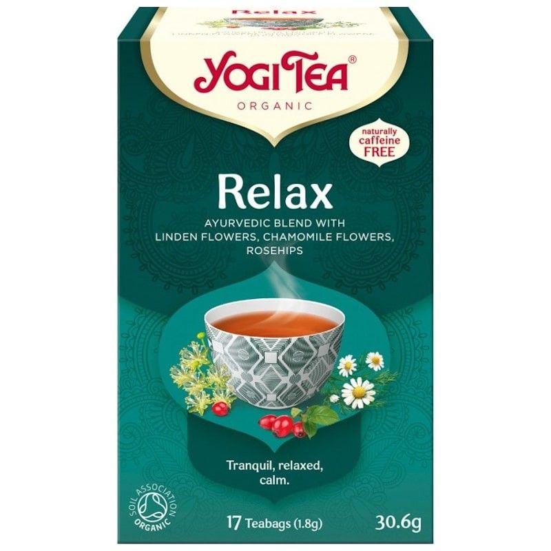Yogi Tea Relax Ceai Calmant Bio, 17 plicuri, flori de mușețel și tei, macese, ambalaj verde.
