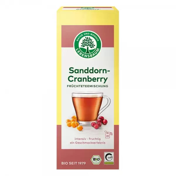 Cutie ceai bio catina si merisor, fundal galben-roz, ceasca ceai, fructe ilustrate.