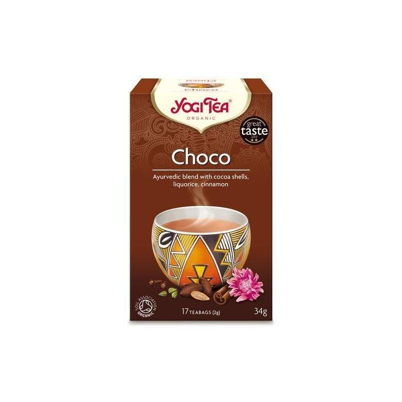 Cutie Ceai Cioco Eco Yogi Tea, 17 plicuri, maro cu motive etnice, aromă ghimbir, scorțișoară, ciocolată.