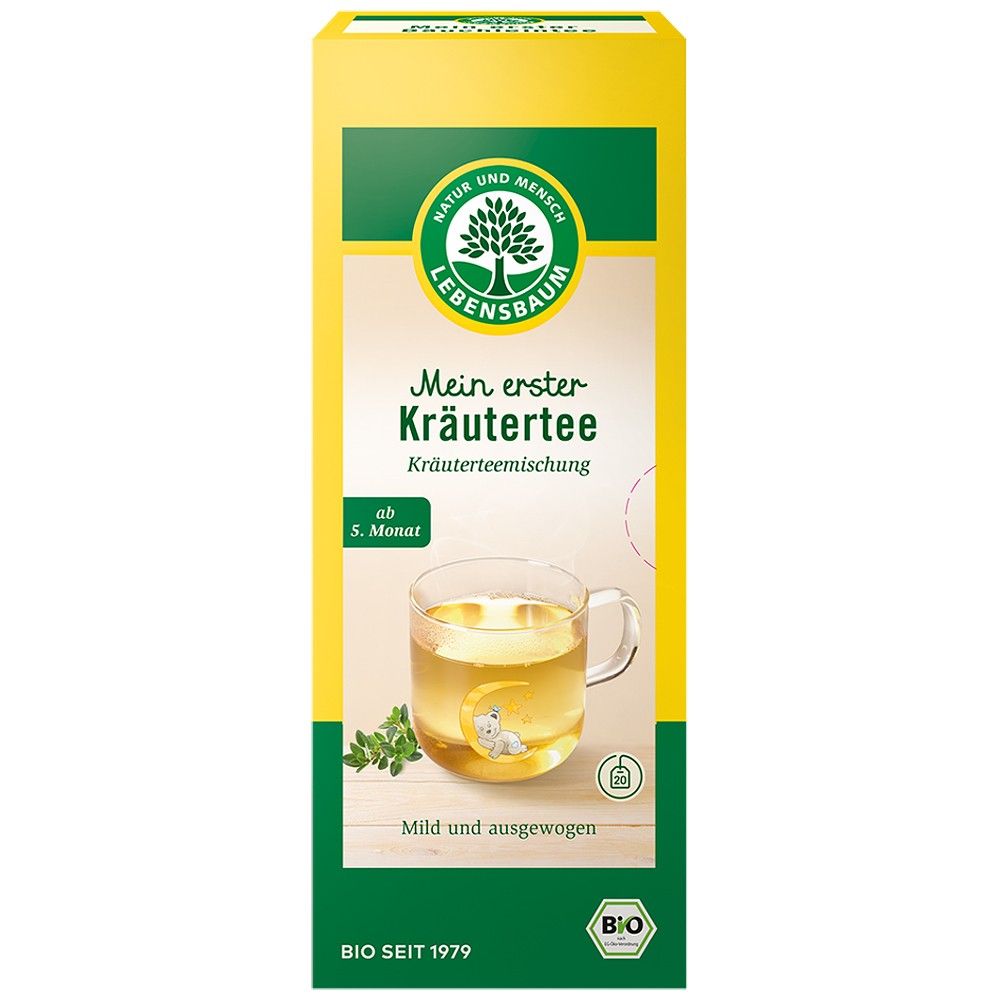 Cutie frigă pentru ceai din plante bio Lebensbaum, galben-verde, 20 pliculețe, detaliu cană cu ceai transparent.