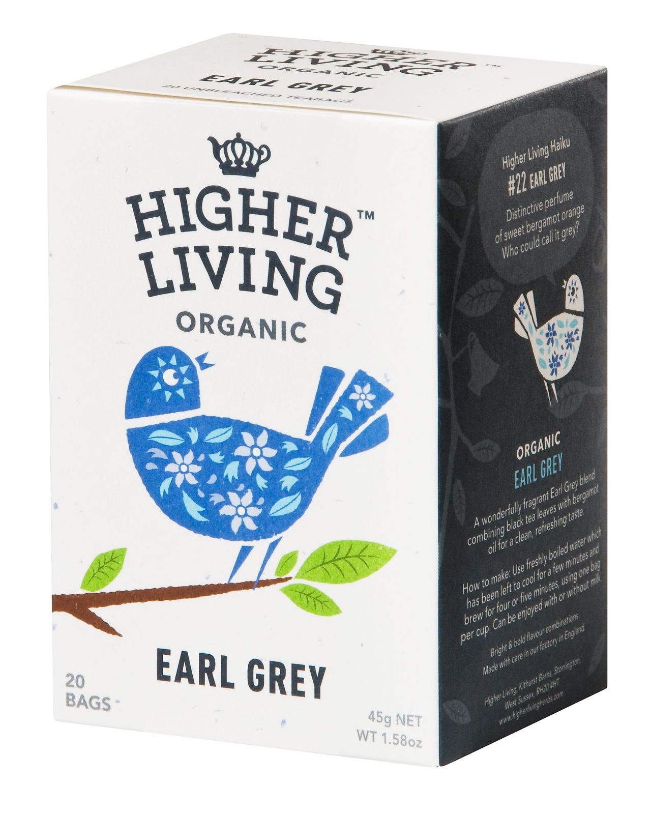 Cutie ceai Earl Grey eco Higher Living, 20 plicuri, design alb-albastru cu pasăre și frunze verzi.