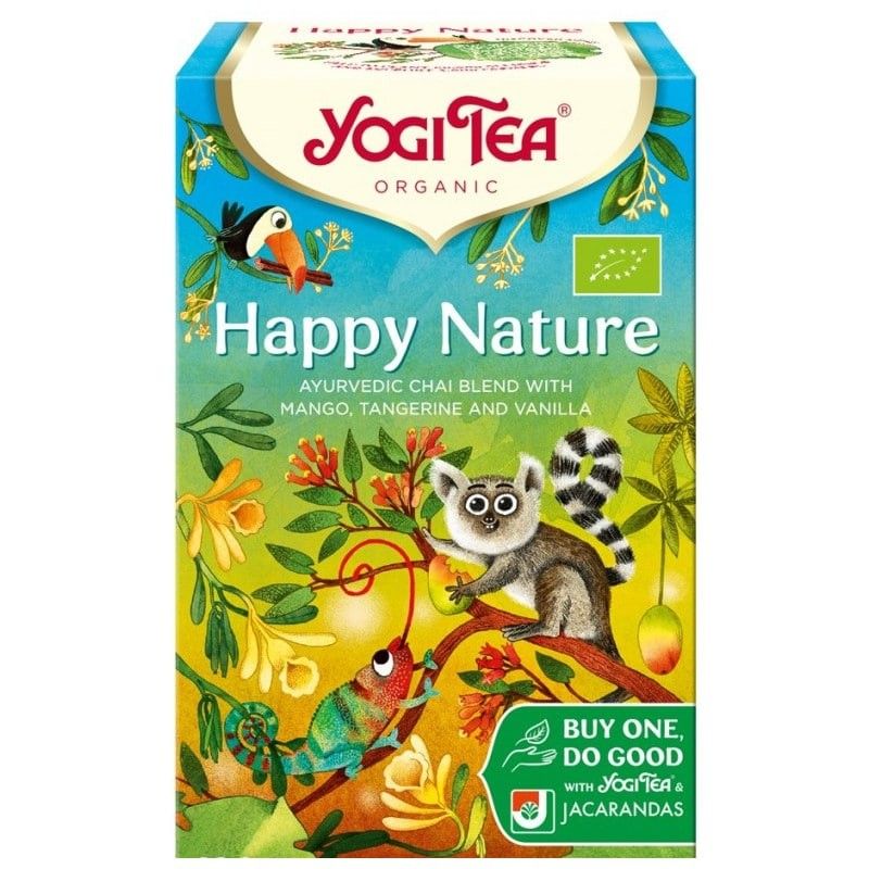 Ceai Happy Nature Bio, 17 plicuri, Yogi Tea, cutie colorată cu lămurieni și lemur, fundal verde-albastru.