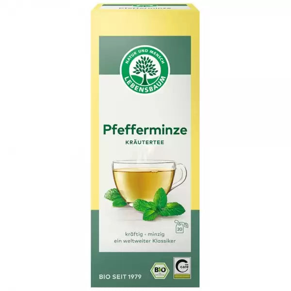 Ceai de mentă bio Lebensbaum 30g, ambalaj galben cu logo verde și pahar cu infuzie transparentă.