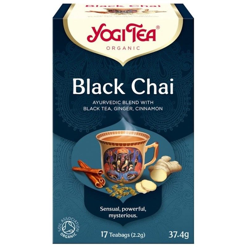 Ceai Negru Bio Yogi Tea, 17 plicuri, cu ghimbir și scorțișoară, ambalaj albastru.