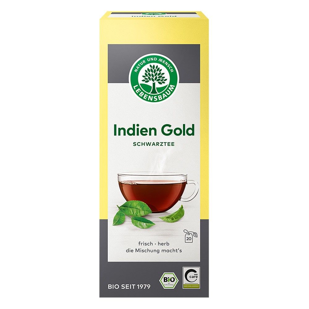 Cutie galbenă ceai negru Indian Lebensbaum, 40g, 100% organic, cu ceașcă și frunze verzi.