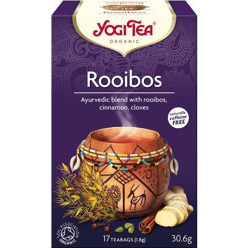Cutie ceai rooibos Bio Yogi Tea, decor tradițional, 17 plicuri, ingrediente naturale, infuzie ayurvedică.