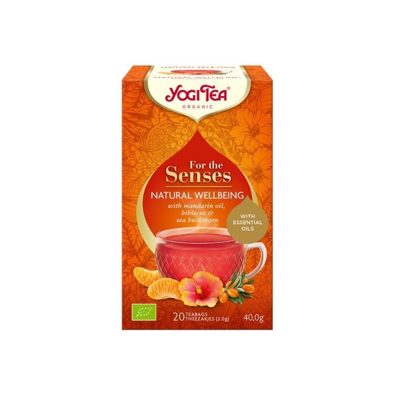 Ceai Natural Wellbeing Yogi Tea, cutie colorată cu design floral, hibiscus, cătină și mandarine, 20 plicuri bio.