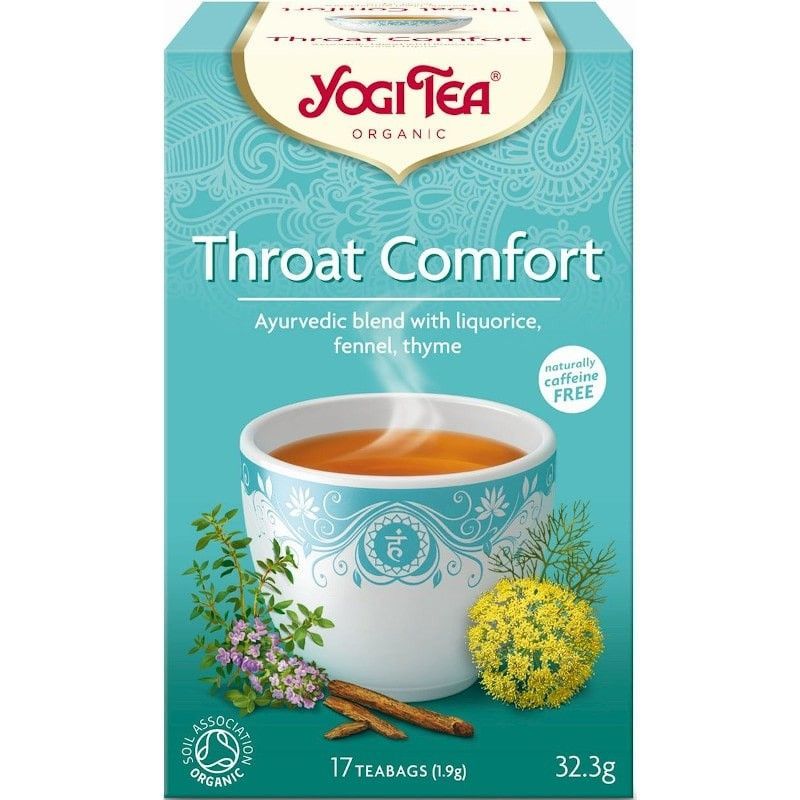 Cutie Ceai Throat Comfort Bio Yogi Tea, 17 plicuri, design blue, plante ayurvedice ilustrate.