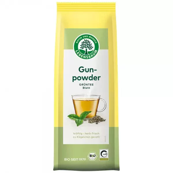 Pungă de ceai verde Gunpowder China Lebensbaum, 100g, ambalaj galben-verde cu ceai și frunze.