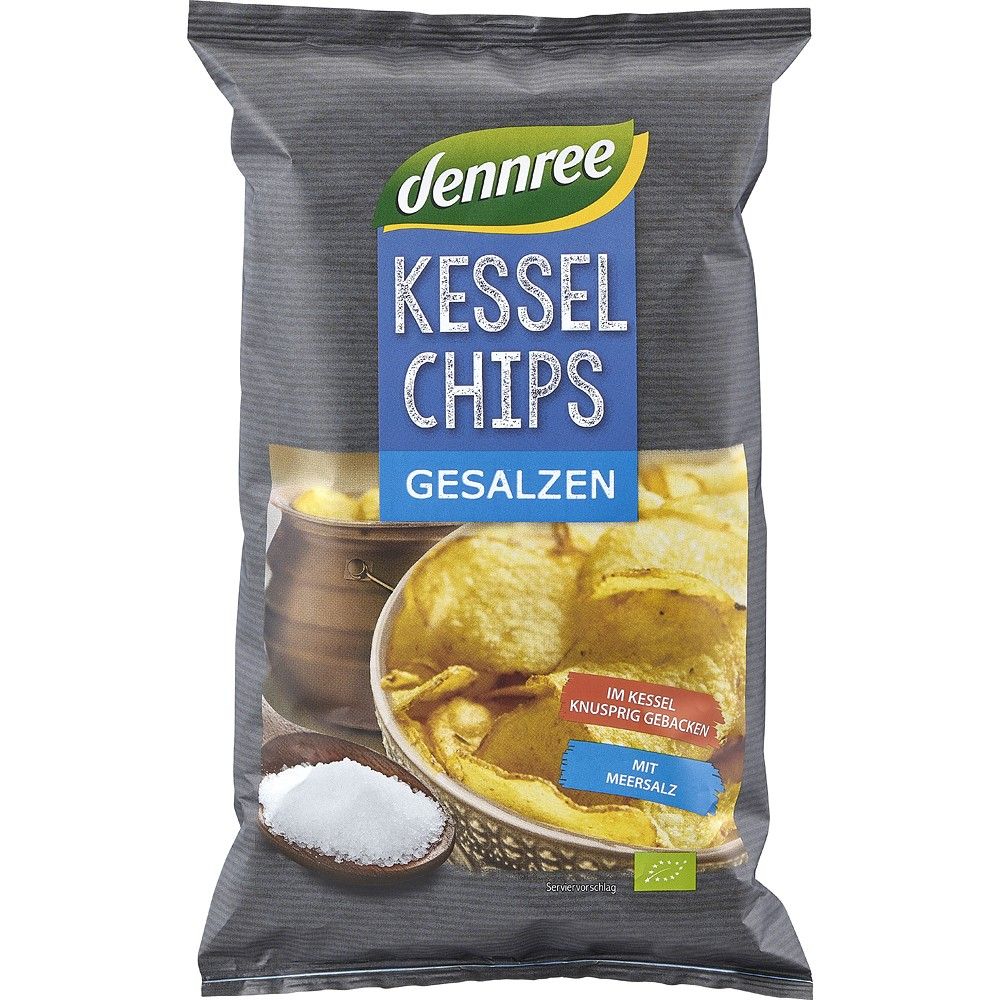 Chipsuri bio de cartofi cu sare de mare Dennree 125 g ambalaj albastru și gri.