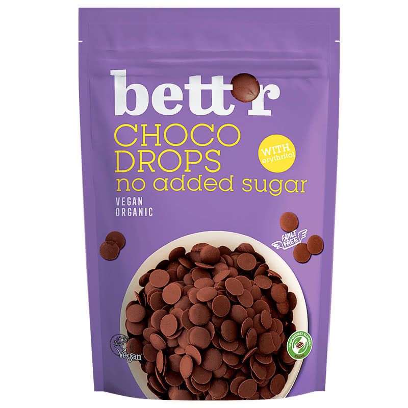 Choco drops cu erythritol bio 200g Bettr, ambalaj mov, ciocolată organică vegană.