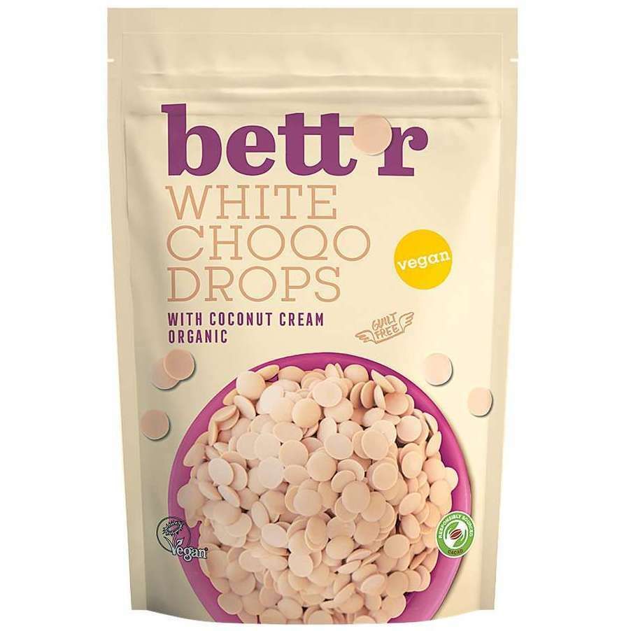 Choco drops ciocolată albă bio Bettr 200g, ingrediente organice, vegan, cremă cocos.
