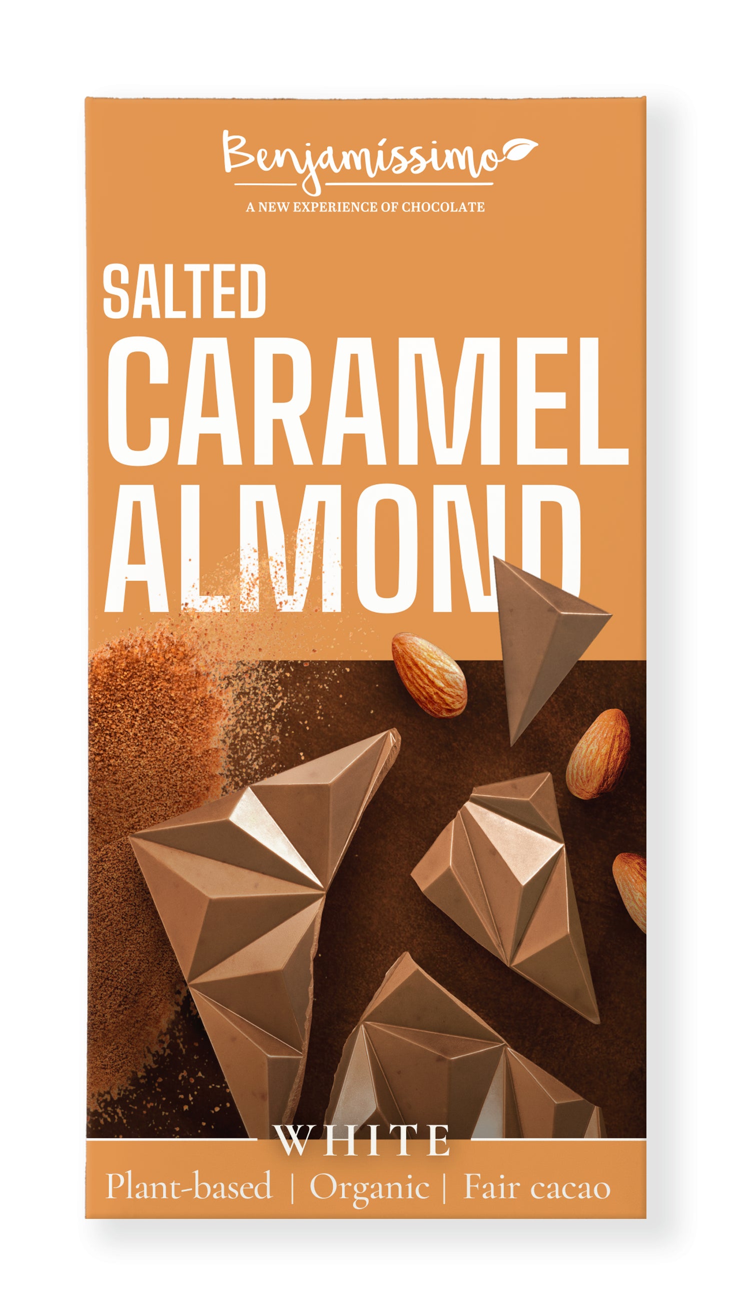 Ciocolată albă bio cu migdale și caramel sărat, ambalaj Benjamissimo, 60g.