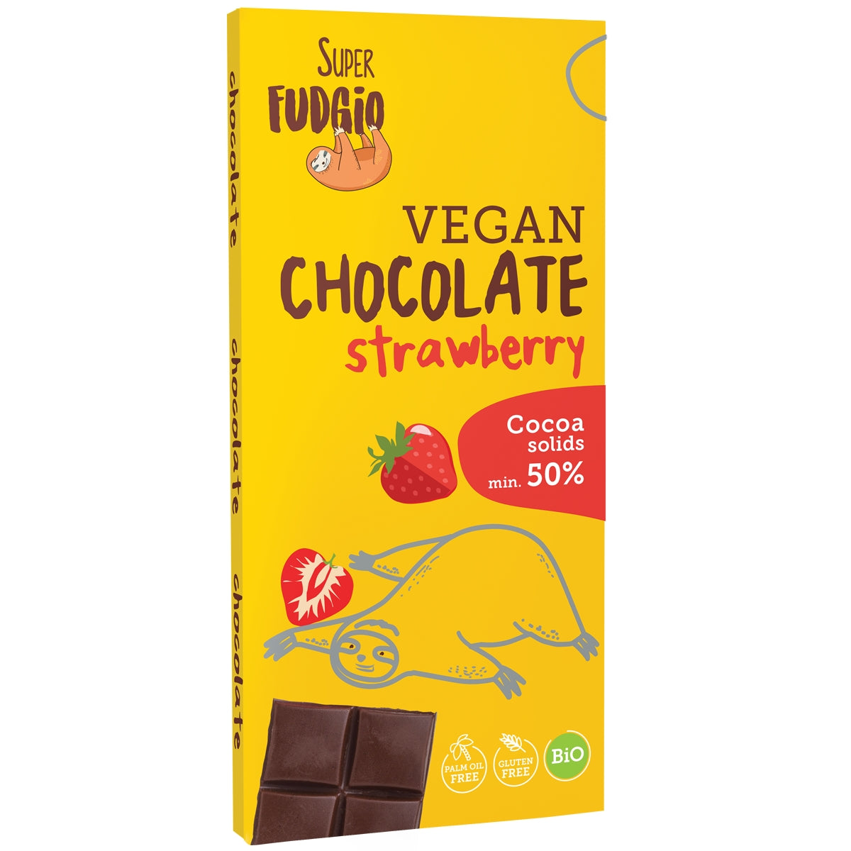 Ciocolată vegană cu căpșuni Super Fudgio 80g, ambalaj galben cu ilustrație leneș.