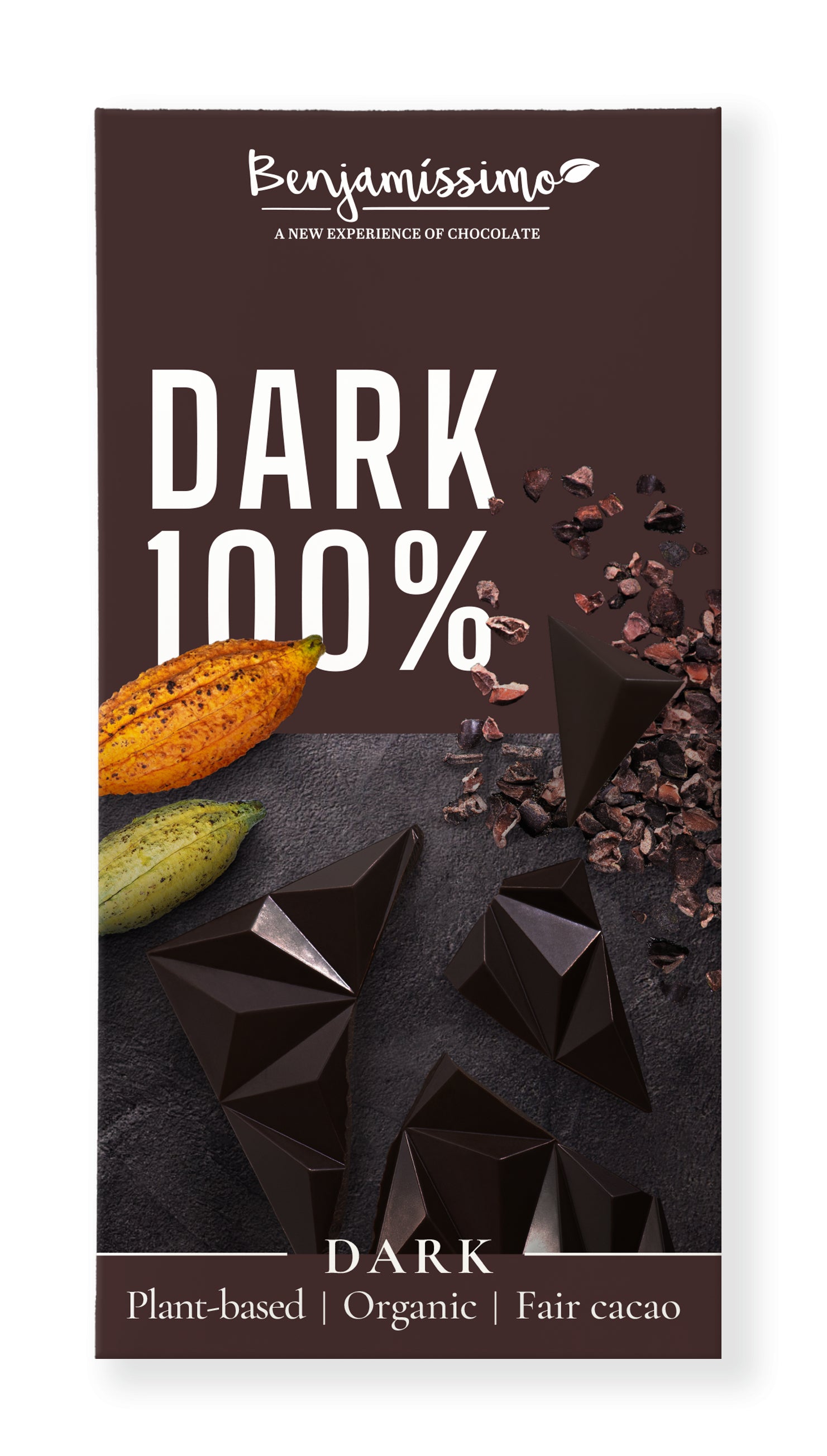 Ciocolata neagră 100% bio Benjamissimo, 60g, ambalaj maro cu boabe de cacao.