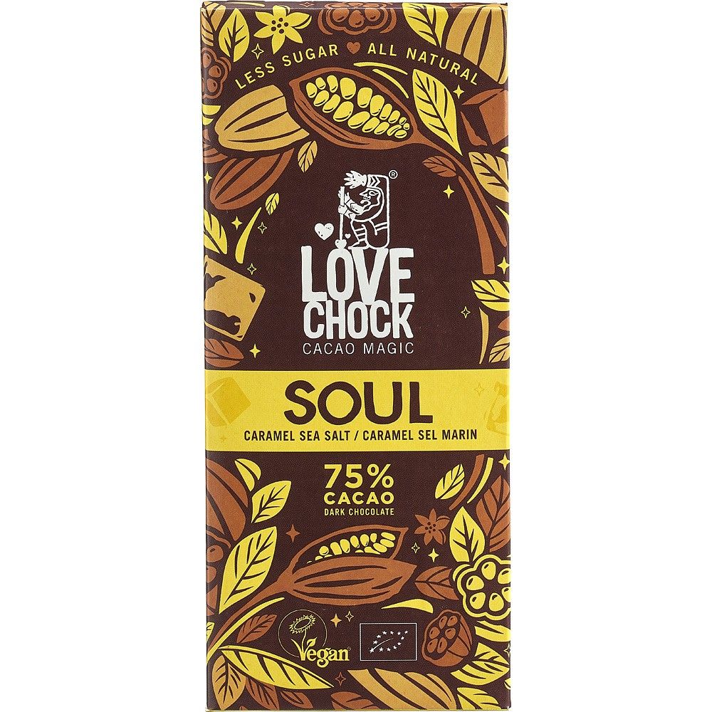 Ciocolată vegană Lovechock 75% cacao, caramel sărat, ambalaj maro-galben cu motive vegetale.