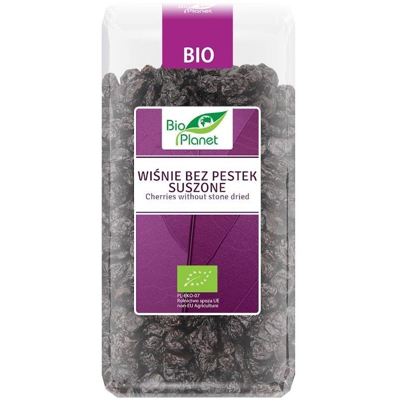 Cireșe uscate fără sâmburi Bio Planet 400g, ambalaj transparent cu etichetă violet.