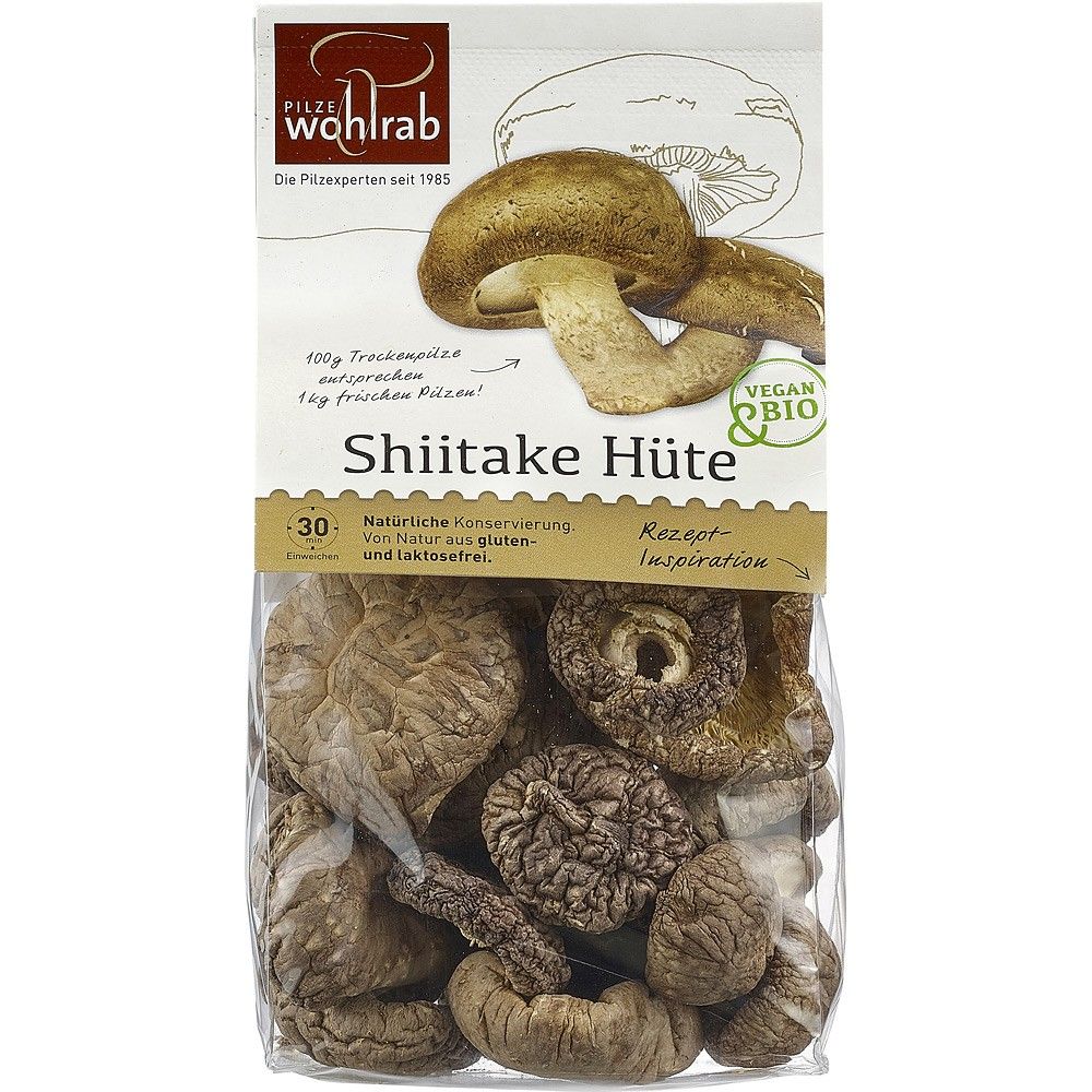 Ciuperci Shiitake bio deshidratate Wohlrab, palarii maro, 40g, ambalaj transparent.