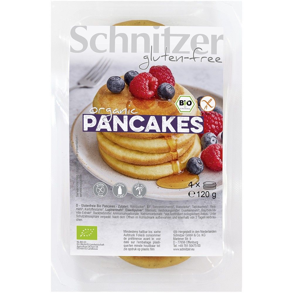 Clătite bio fără gluten cu fructe și sirop, 120g, ambalaj transparent.