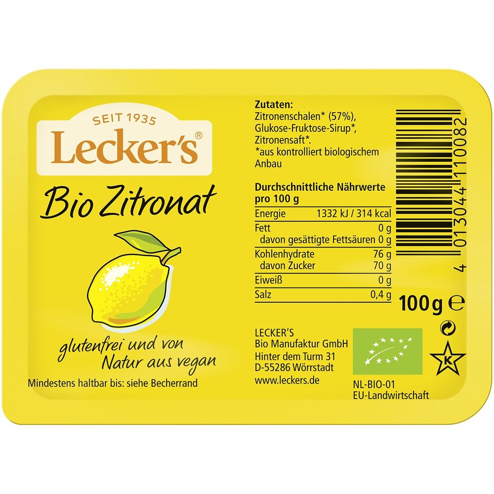 Coajă de lămâie confiată Leckers, vegană, bio, fără gluten, ambalaj galben atractiv, 100g.