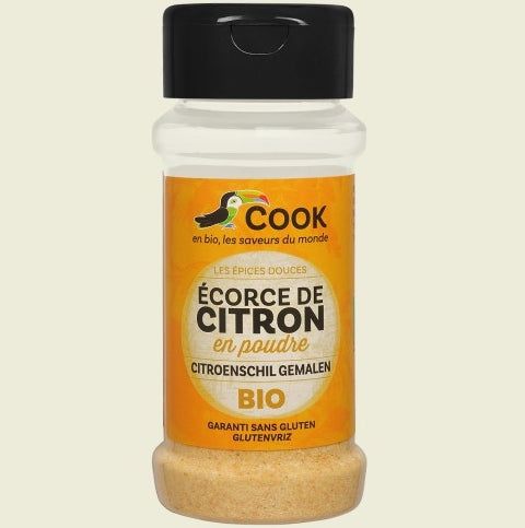 Coajă de lămâie bio pudră 32g Cook în recipient reutilizabil, etichetă galbenă, fără gluten.
