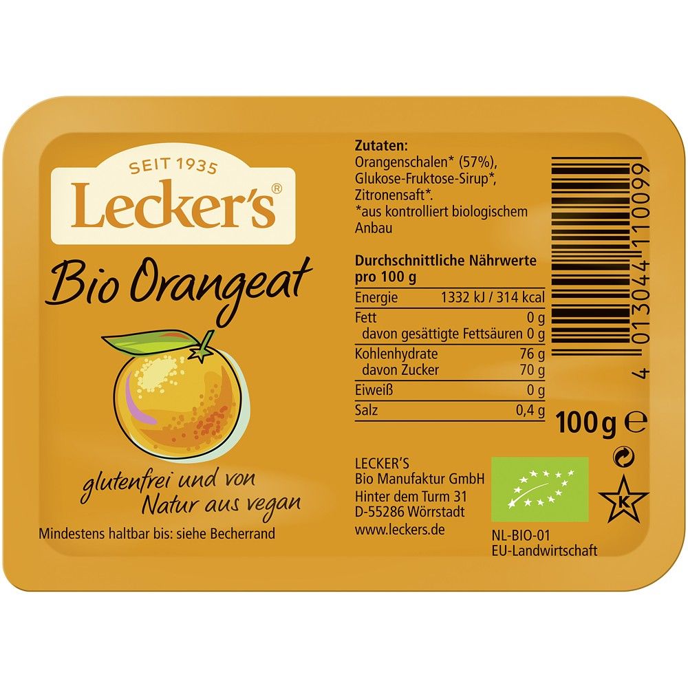 Coaja de portocală Leckers bio, vegană, fără gluten, ambalaj 100g, aromată, fără conservanți.