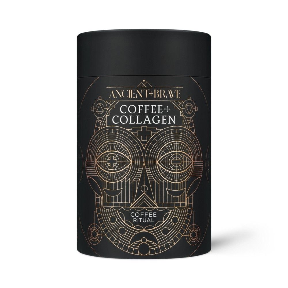 Cafea Collagen 250g Ancient and Brave, ambalaj negru cu design auriu abstract.