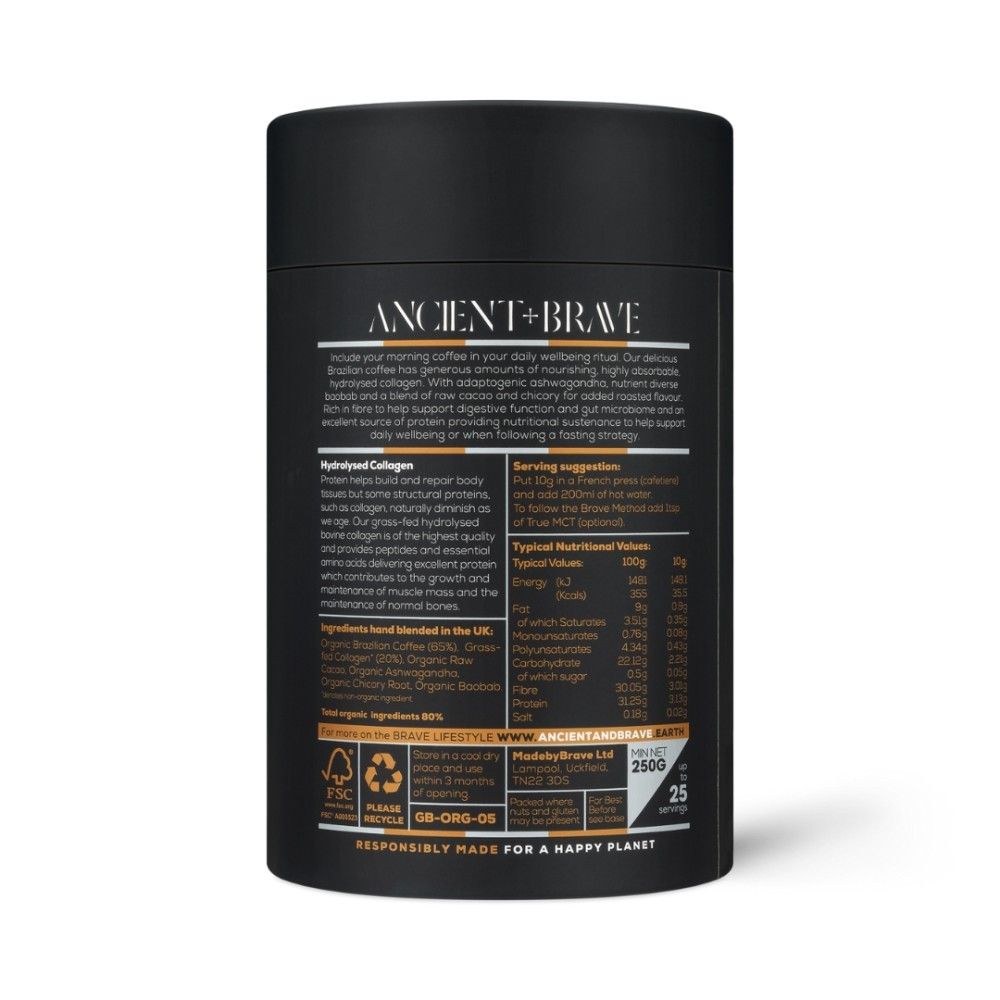Ancient and Brave Coffee Collagen 250g, ambalaj lateral negru, detalii nutriționale și ingrediente.