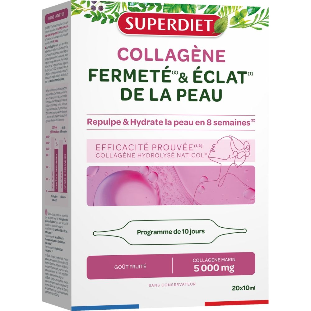 Cutie SUPERDIET Colagen Marin 5g și Acerola, 20 fiole x 10ml, design alb-verde cu detalii roz și ilustrații.