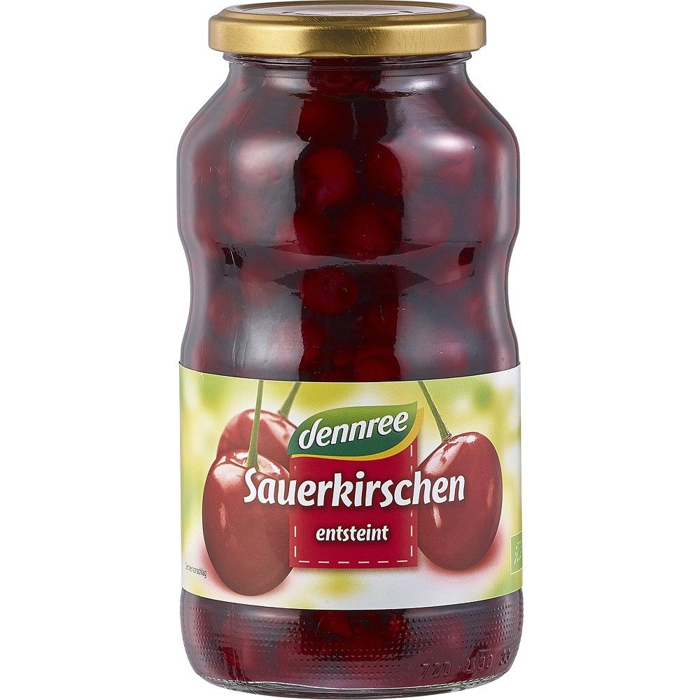 Compot de vișine bio Dennree fără sâmburi 700g, borcan, vișine ecologice în sirop.