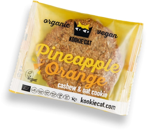 Cookie fără gluten cu ananas și portocale, ambalaj galben, Kookie Cat 50g.