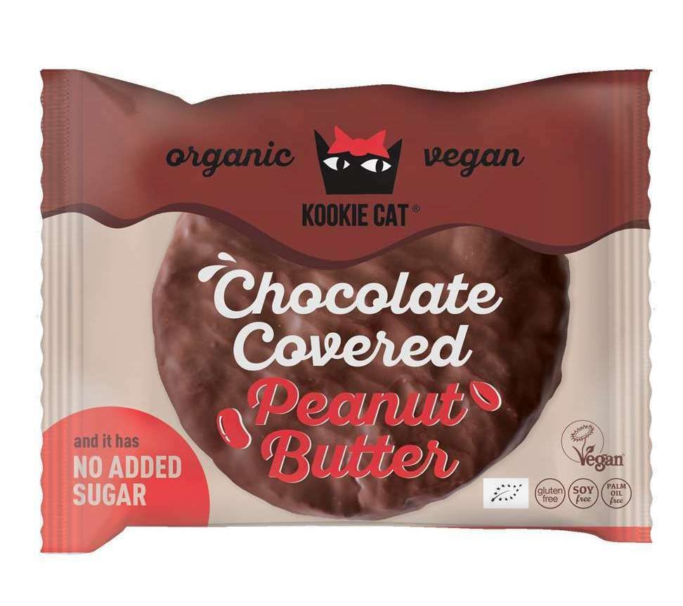 Cookie vegan Kookie Cat învelit în ciocolată, cremă de arahide, fără gluten, 50g.