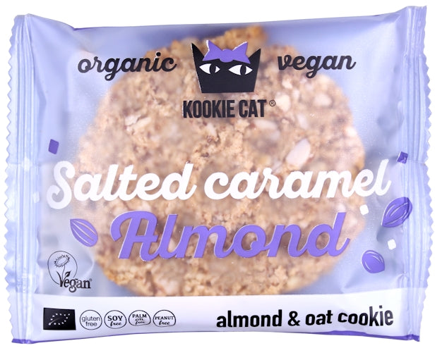 Cookie cu migdale și caramel sărat, fără gluten, ambalaj mov, 50g, Kookie Cat eco.