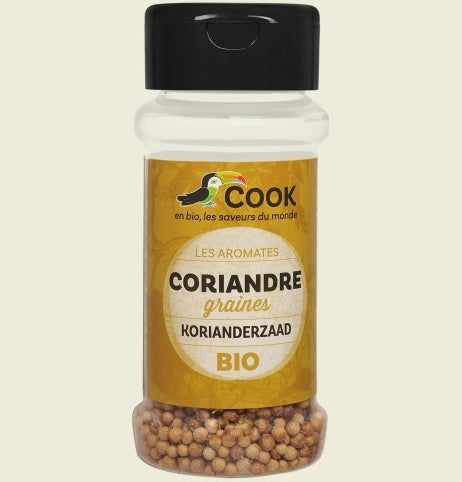 Semințe bio de coriandru Cook 30g, ambalaj transparent reîncărcabil, capac negru.