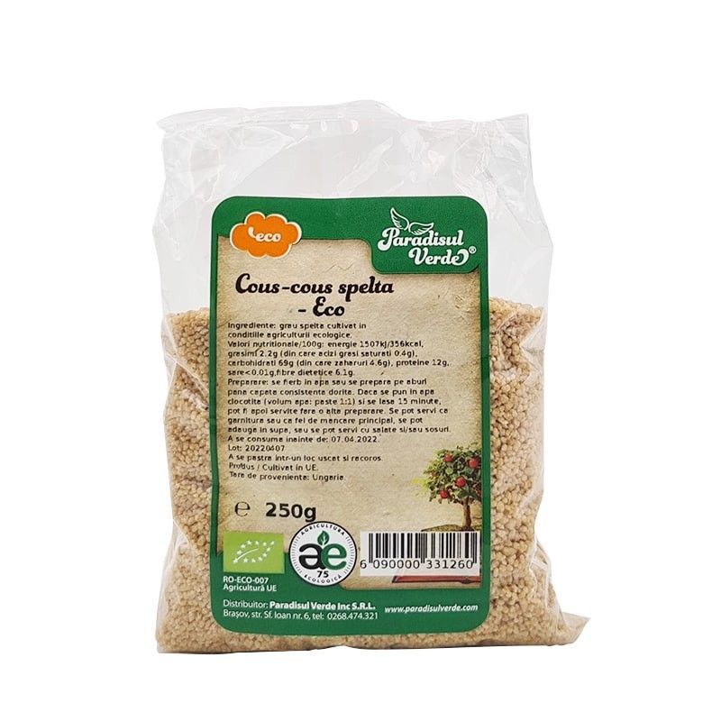 Cous-Cous bio din grâu spelta, detaliu ambalaj 250g, Paradisul Verde, etichetă verde.