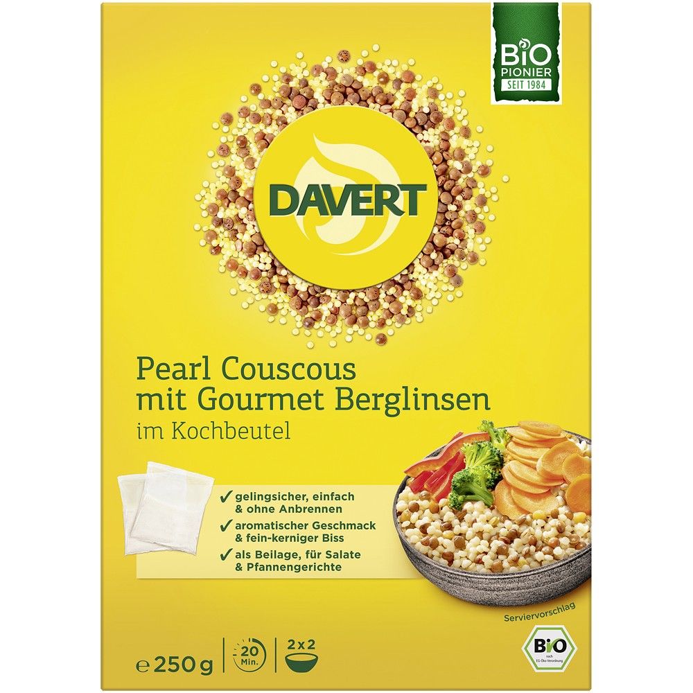 Cous cous perlat cu linte gourmet, punga de gătit bio Davert, 250g, ambalaj galben.